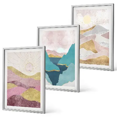 Abstract mountains sun wall art set of 3 framed pieces