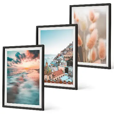 Wall art set featuring a seaside sunset with houses and flowers