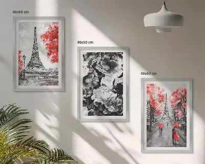 Set of 3 framed wall art pieces Eiffel Tower gray paintings