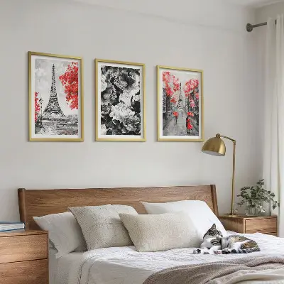 Eiffel Tower wall art set set of 3 gray framed paintings