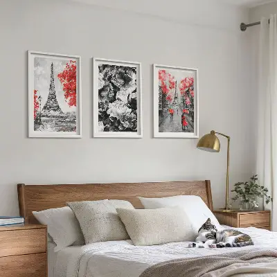 Eiffel Tower wall art set set of 3 gray framed paintings