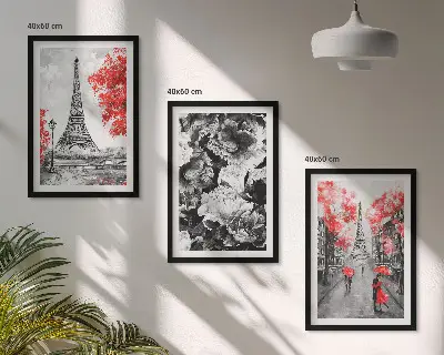 Eiffel Tower wall art set set of 3 gray framed paintings