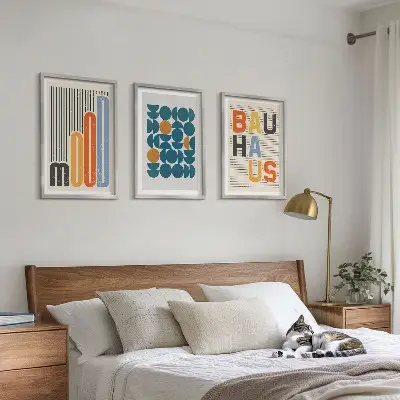 Three-piece wall art piece Bauhaus geometric patterns