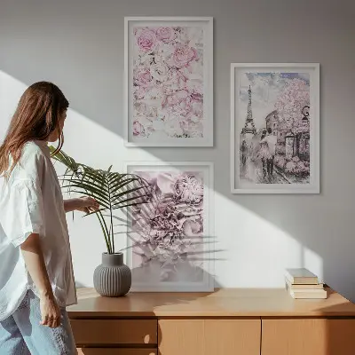 Wall art set flowers in shades of pink landscape