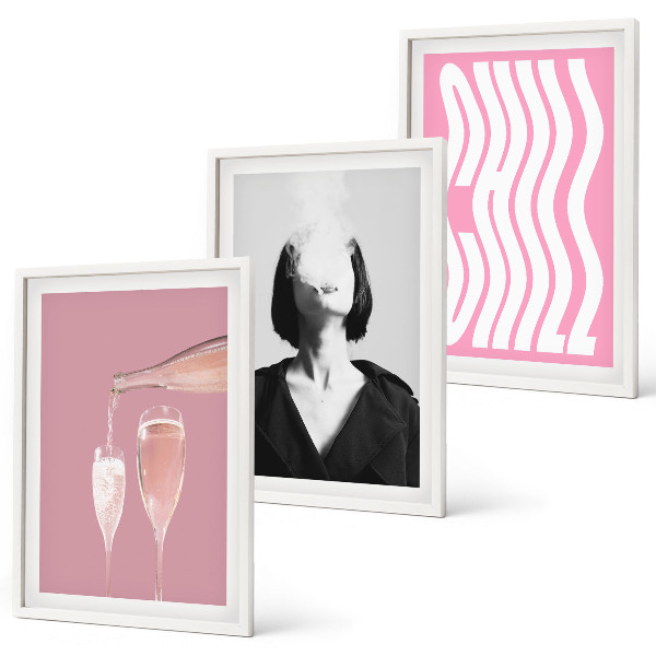 Set of 3 framed wall art pieces Stylish portrait champagne relaxation