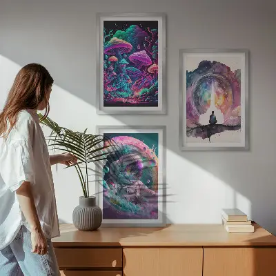 Three-piece fantasy art wall set with colorful illustrations