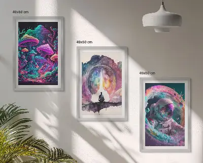 Three-piece fantasy art wall set with colorful illustrations