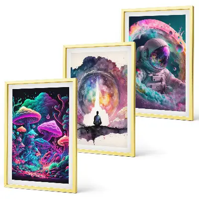 Three-piece fantasy art wall set with colorful illustrations