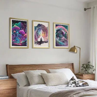 Three-piece fantasy art wall set with colorful illustrations