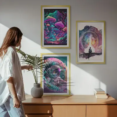 Three-piece fantasy art wall set with colorful illustrations