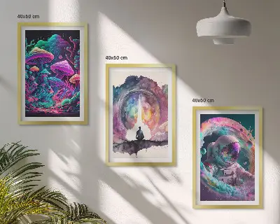 Three-piece fantasy art wall set with colorful illustrations