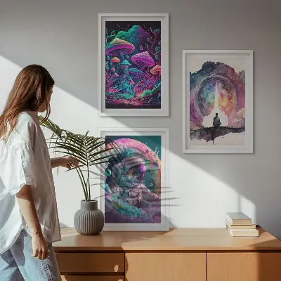 Three-piece fantasy art wall set with colorful illustrations