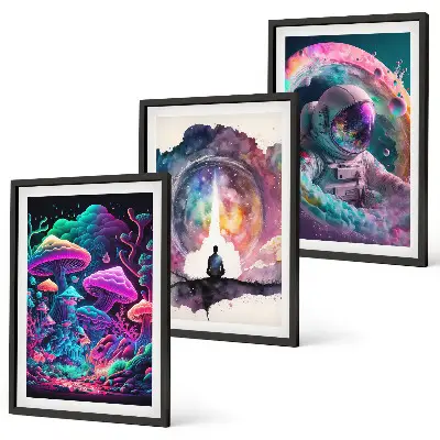 Three-piece fantasy art wall set with colorful illustrations
