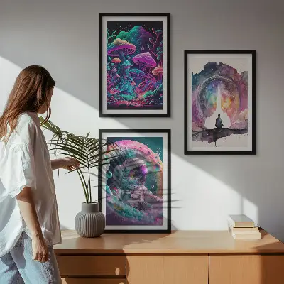 Three-piece fantasy art wall set with colorful illustrations