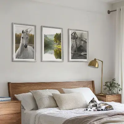 Set of 3 framed wall art pieces featuring white horses by the river in nature
