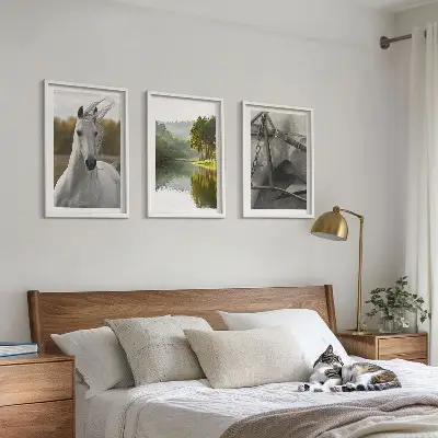Set of 3 framed wall art pieces featuring white horses by the river in nature