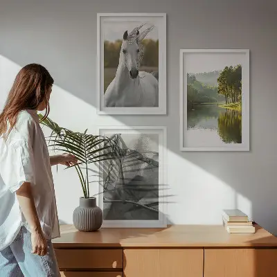 Set of 3 framed wall art pieces featuring white horses by the river in nature