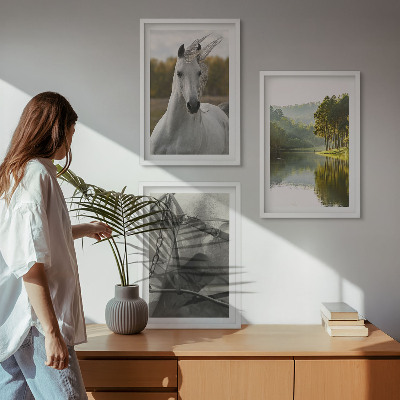 Set of 3 framed wall art pieces White horses river nature