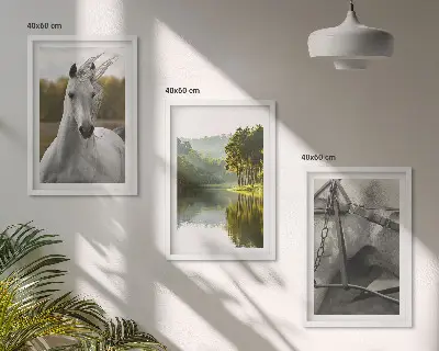 Set of 3 framed wall art pieces featuring white horses by the river in nature