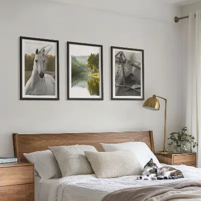 Set of 3 framed wall art pieces featuring white horses by the river in nature