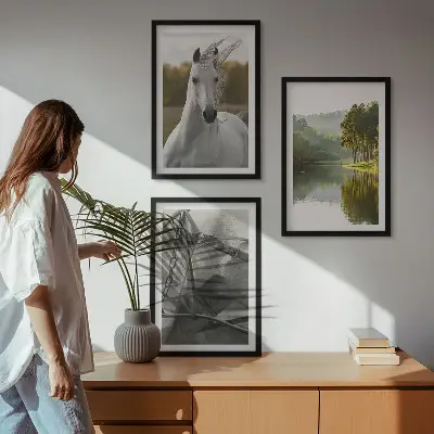 Set of 3 framed wall art pieces featuring white horses by the river in nature