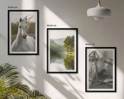 Set of 3 framed wall art pieces featuring white horses by the river in nature