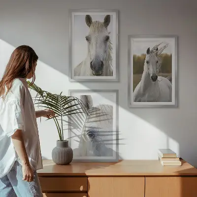 Set of 3 framed wall art pieces featuring white horses in nature