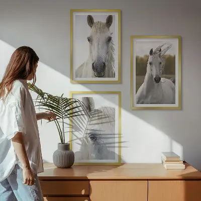 Set of 3 framed wall art pieces featuring white horses in nature