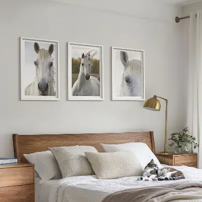 Set of 3 framed wall art pieces featuring white horses in nature