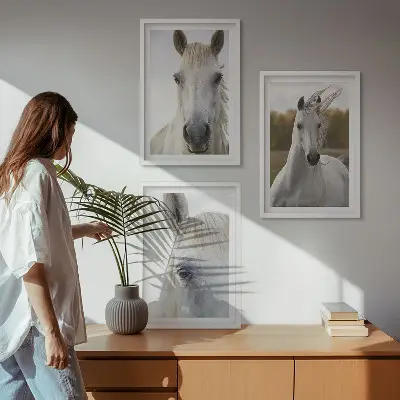 Set of 3 framed wall art pieces White horses in nature