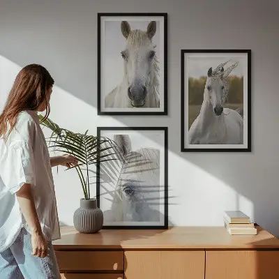 Set of 3 framed wall art pieces featuring white horses in nature