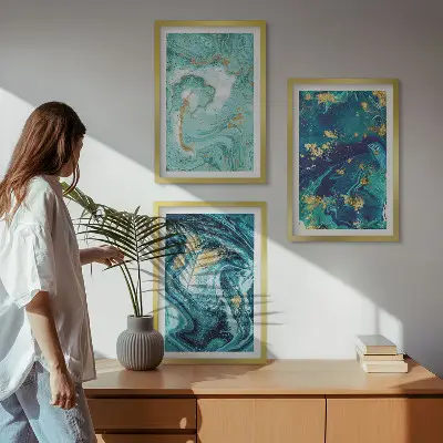 Turquoise abstract painted wall art three-piece set