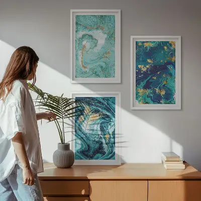 Turquoise abstract painted wall art three-piece set