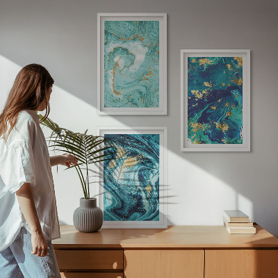 Three-piece wall art piece Turquoise paint abstraction