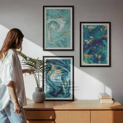 Three-piece wall art piece Turquoise paint abstraction