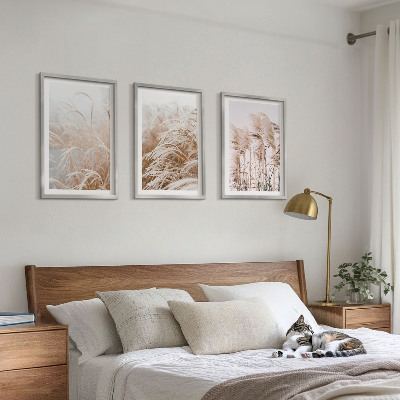 Set of 3 framed wall art pieces Fields of grass in brown and beige