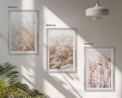 Set of 3 framed wall art pieces Fields of grass in brown and beige
