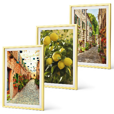Set of 3 framed wall art pieces Streets with lemon flowers in the background