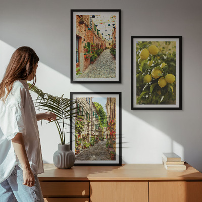 Set of 3 framed wall art pieces Streets with lemon flowers in the background