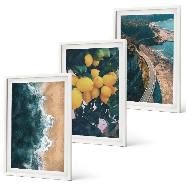 Three-piece wall art piece Sea beach lemons mountains