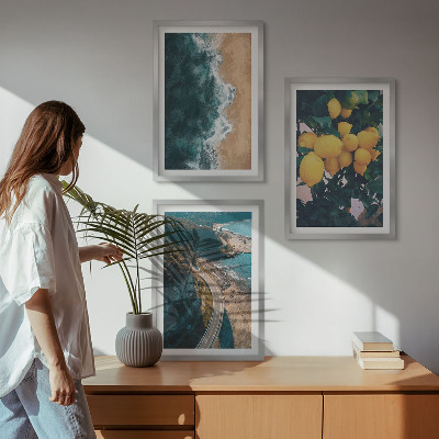 Three-piece wall art piece Sea beach lemons mountains
