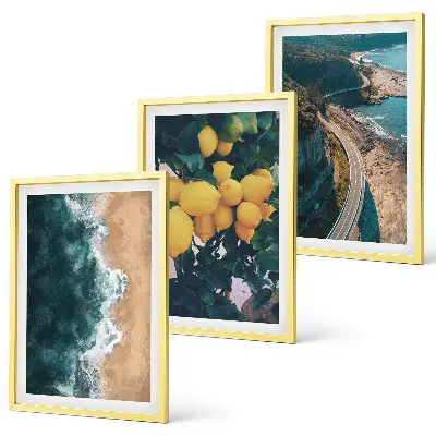 Three-piece wall art set featuring a seaside landscape with lemons and mountains