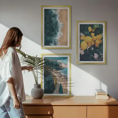 Three-piece wall art set featuring a seaside landscape with lemons and mountains