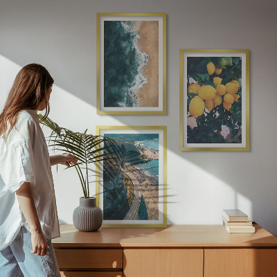 Three-piece wall art piece Sea beach lemons mountains