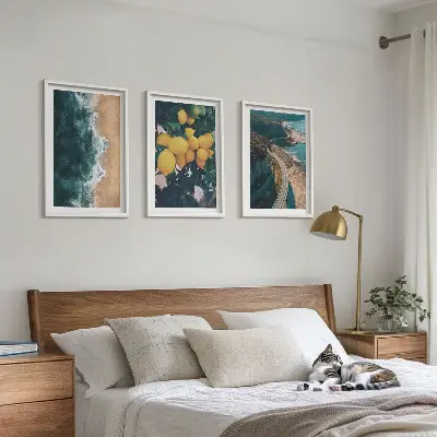 Three-piece wall art set featuring a seaside landscape with lemons and mountains