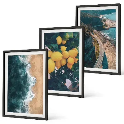 Three-piece wall art set featuring a seaside landscape with lemons and mountains