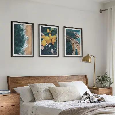 Three-piece wall art set featuring a seaside landscape with lemons and mountains
