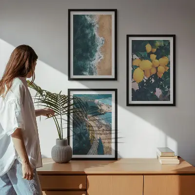 Three-piece wall art set featuring a seaside landscape with lemons and mountains