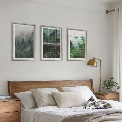 Three-piece wall art set forest fog river bank design