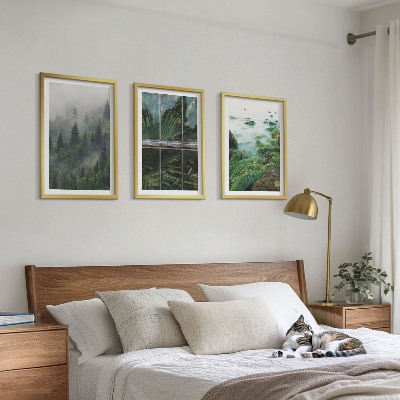 Three-piece wall art piece Forest fog river bank greenhouse